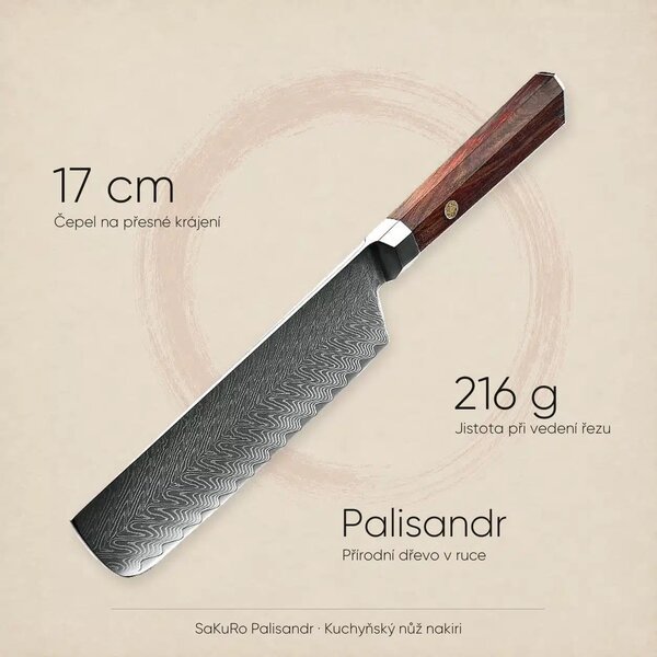 Nakiri nůž z damaškové oceli SaKuRo Palisandr 17 cm