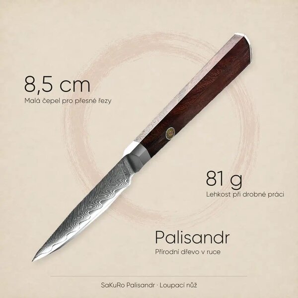 Loupací nůž z damaškové oceli SaKuRo Palisandr 8,5 cm