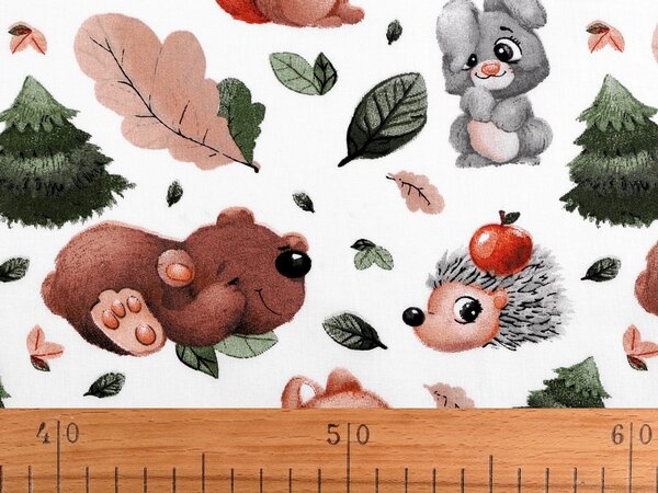 Bavlněná látka lesní zvířátka - (61) bílá