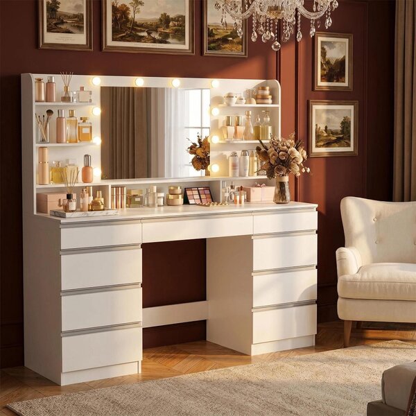 Komoda bílá, 108 cm - s velkým zrcadlem - 6 zásuvek a otevřené úložné prostory - minimalistický moderní design - nábytek do ložnice