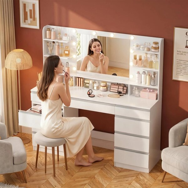 Komoda bílá, 108 cm - s velkým zrcadlem - 6 zásuvek a otevřené úložné prostory - minimalistický moderní design - nábytek do ložnice