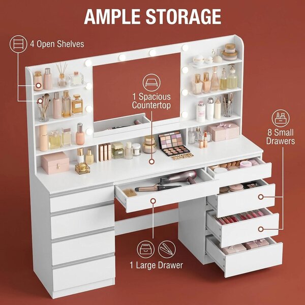 Komoda bílá, 108 cm - s velkým zrcadlem - 6 zásuvek a otevřené úložné prostory - minimalistický moderní design - nábytek do ložnice