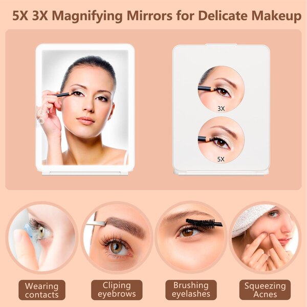 Cestovní zrcadlo s make-up osvětlením, 3 barvy světla, 5x a 3x zvětšení, skládací, baterie 1800mAh, vhodné na cesty