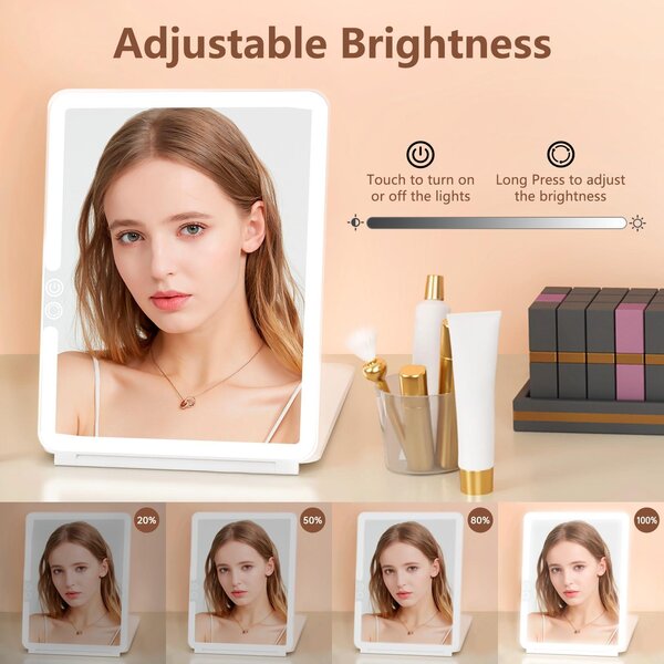 Cestovní zrcadlo s make-up osvětlením, 3 barvy světla, 5x a 3x zvětšení, skládací, baterie 1800mAh, vhodné na cesty