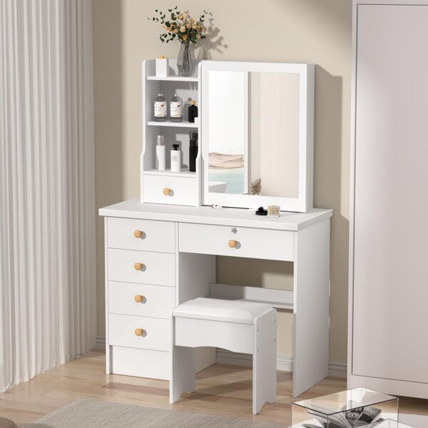 Kosmetický stolek Wit - 6 zásuvek, zrcadlo s posuvnými dvířky - dřevěný materiál - minimalistický, moderní design