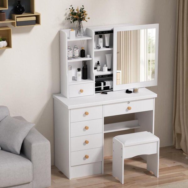 Kosmetický stolek Wit - 6 zásuvek, zrcadlo s posuvnými dvířky - dřevěný materiál - minimalistický, moderní design