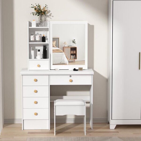 Kosmetický stolek Wit - 6 zásuvek, zrcadlo s posuvnými dvířky - dřevěný materiál - minimalistický, moderní design