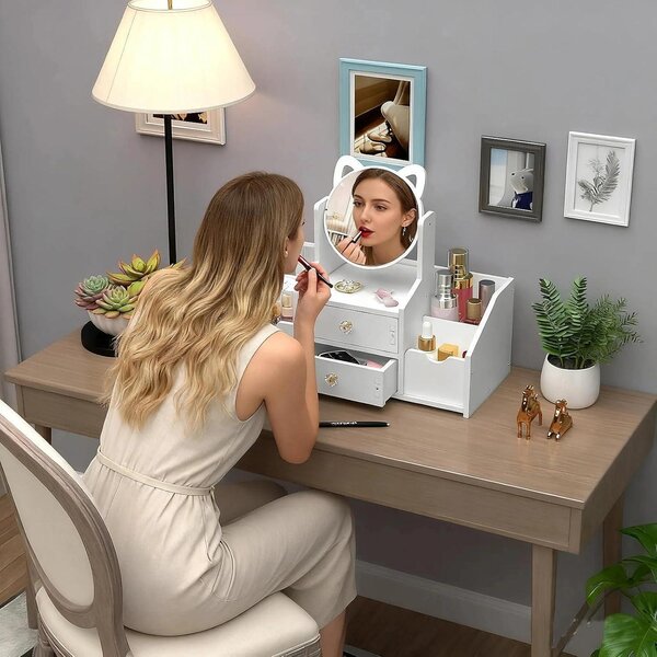 Organizér na make-up s otočným zrcadlem o 360°, univerzální, kompaktní, vhodný do koupelny i ložnice