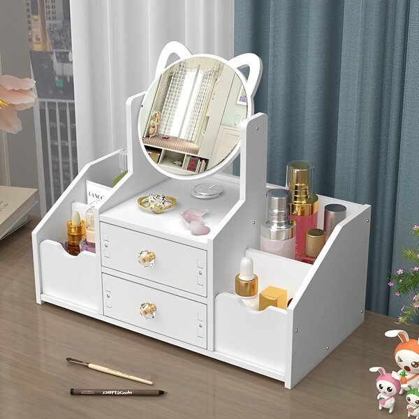 Organizér na make-up s otočným zrcadlem o 360°, univerzální, kompaktní, vhodný do koupelny i ložnice