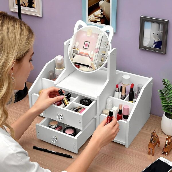 Organizér na make-up s otočným zrcadlem o 360°, univerzální, kompaktní, vhodný do koupelny i ložnice