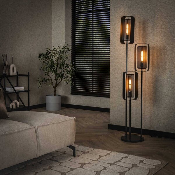 ZIJLSTRA Stojací lampa Alma, 3 světla, černá, kov, otočné síťované stínidlo, Černá, Obývací pokoj / jídelna, kov, Moderní