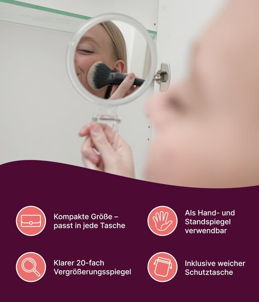 Zrcadlo s 20násobným zvětšením, akrylátový rám, kompaktní provedení, včetně látkového obalu, vhodné pro líčení a holení