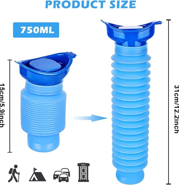 Balení 5 mini pisoárů, objem 750 ml, opakovaně použitelné nouzové pisoáry, přenosné toalety pro kempování