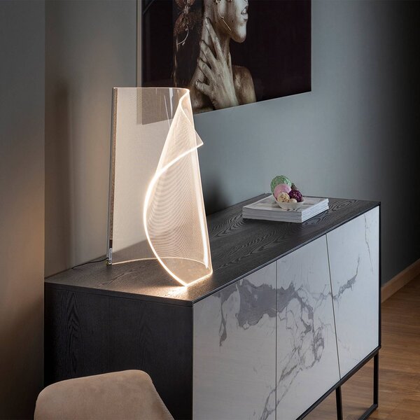 Schuller Valencia Velos II LED stolní lampa, chrom, stmívač, kov, plast, stmívatelný, Čirá / transparetní, Obývací pokoj / jídelna, Plast, Design