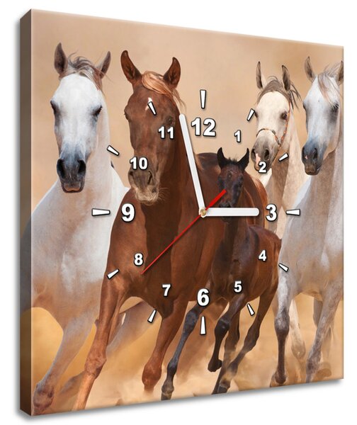Obraz s hodinami Cválající koně Rozměry: 40 x 40 cm