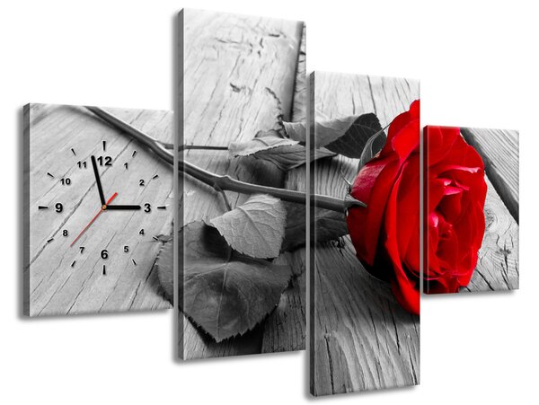 Obraz s hodinami Červená růže - 4 dílný Rozměry: 120 x 80 cm