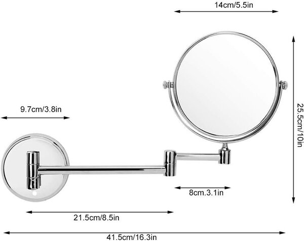 Zrcadlo na zeď, 30 cm, kosmetické zrcadlo, s 3násobným a 1násobným zvětšením, otočné