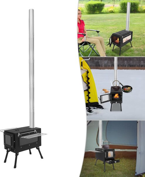 Přenosný krb na dřevo pro stan – Krb s komínem, výška 1,34 m – rozměry 40x53x34,5 cm – nerezová ocel – vhodný pro kempování a použití venku