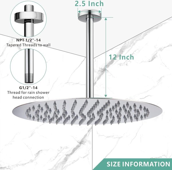 Nerezová ocelová konzole na sprchovou hlavici, délka 30 cm, kulatý tvar, univerzální připojení 1/2 NPT, pro koupelny