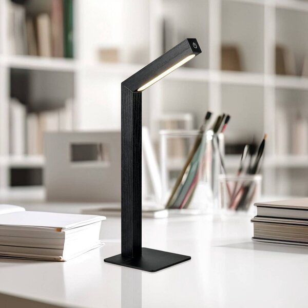 Reality Leuchten LED stolní lampa Skip, černá, MDF, výška 37,5 cm, stmívatelný, Černá, Obývací pokoj / jídelna, Dřevo