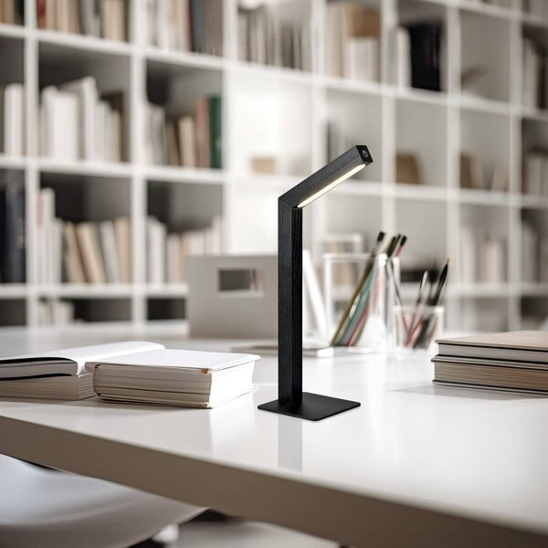 Reality Leuchten LED stolní lampa Skip, černá, MDF, výška 37,5 cm, stmívatelný, Černá, Obývací pokoj / jídelna, Dřevo