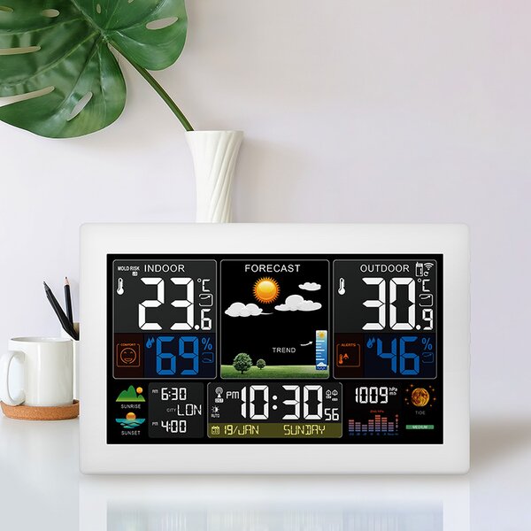 SOLIGHT Meteostanice, extra velký barevný LCD, teplota, vlhkost, tlak, RCC, USB nabíjení, bílá