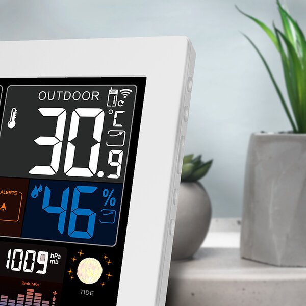 SOLIGHT Meteostanice, extra velký barevný LCD, teplota, vlhkost, tlak, RCC, USB nabíjení, bílá