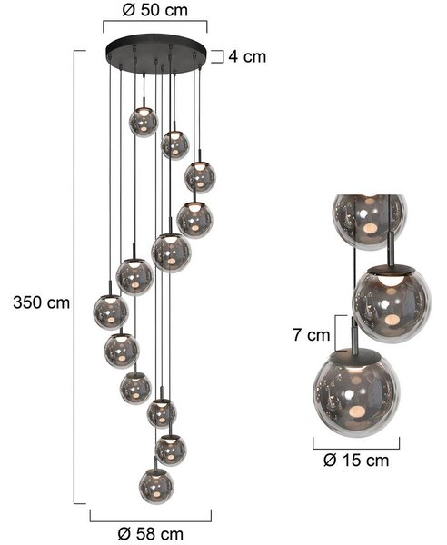 Steinhauer Závěsné světlo LED Bollique, 12 žárovek. kulaté, černé, sklo, stmívatelný, Hliník / šedá / zinek, Obývací pokoj / jídelna, Sklo, Koule
