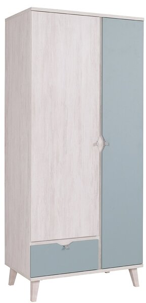 Moderní šatní skříň MEMONE - dub bílý/světle modrá