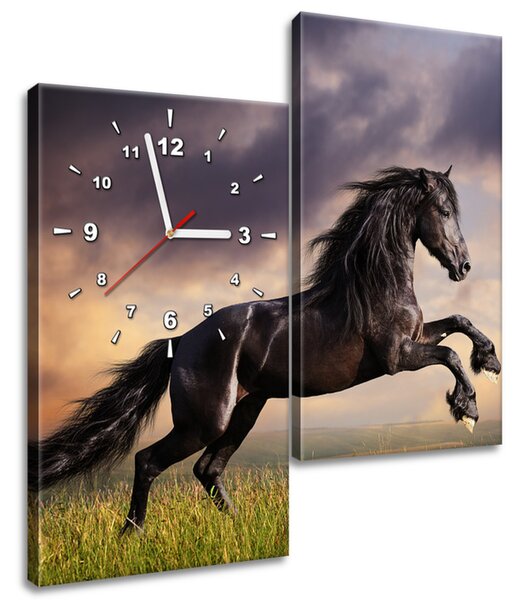 Obraz s hodinami Silný černý kůň - 2 dílný Rozměry: 60 x 60 cm
