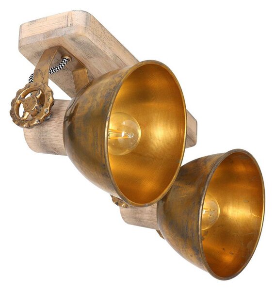 Steinhauer Stropní bodové světlo Gearwood, bronz, 2-bodové, kov, dřevo, E27, stmívatelný, Bronz / starožitná mosaz, Obývací pokoj / jídelna, Dřevo, Vintage