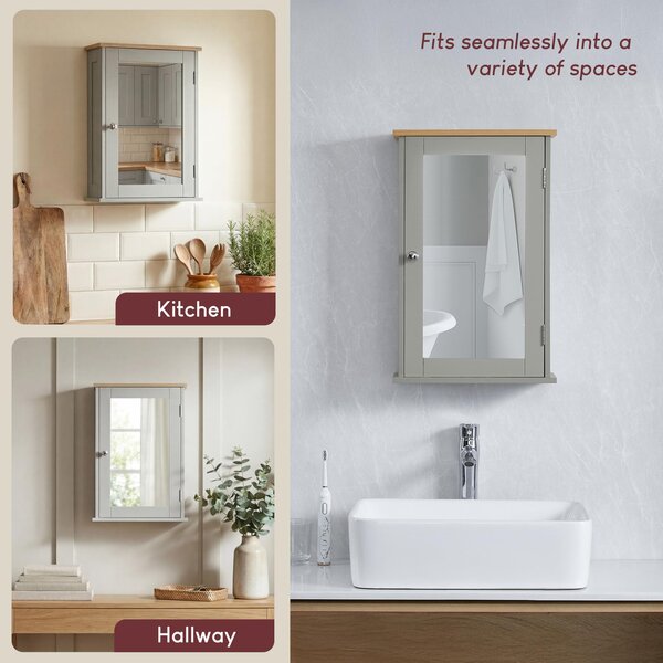 Skříňka do koupelny se zrcadlovými dvířky, šedá a dubová, určená k montáži na zeď, s jedněmi dvířky