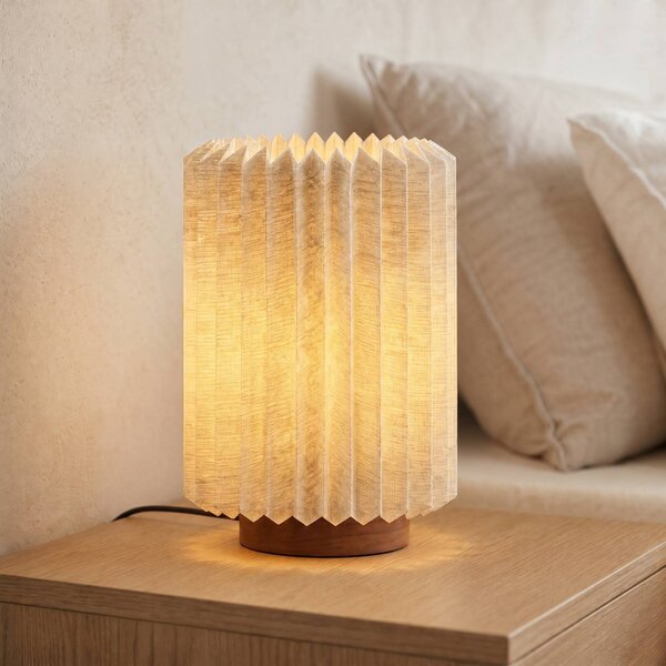 Lindby Stolní lampa Maveo, výška 30 cm, ořech/plátno, E27, Hliník / šedá / zinek, Obývací pokoj / jídelna, Textil / tkanina / hedvábí, Skandinávský