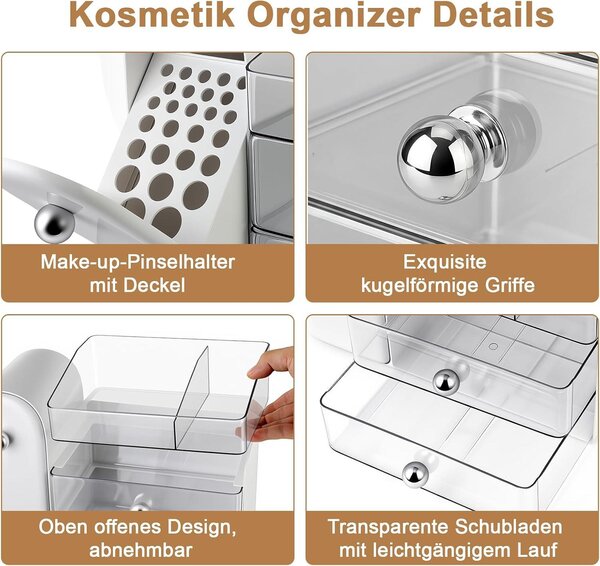 Organizér na make-up se zásuvkami, bílý, rozměry 32,7 x 23 x 16 cm, vhodný na toaletní stolek