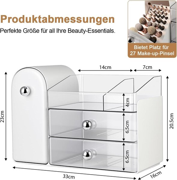 Organizér na make-up se zásuvkami, bílý, rozměry 32,7 x 23 x 16 cm, vhodný na toaletní stolek