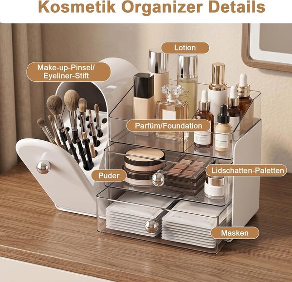 Organizér na make-up se zásuvkami, bílý, rozměry 32,7 x 23 x 16 cm, vhodný na toaletní stolek