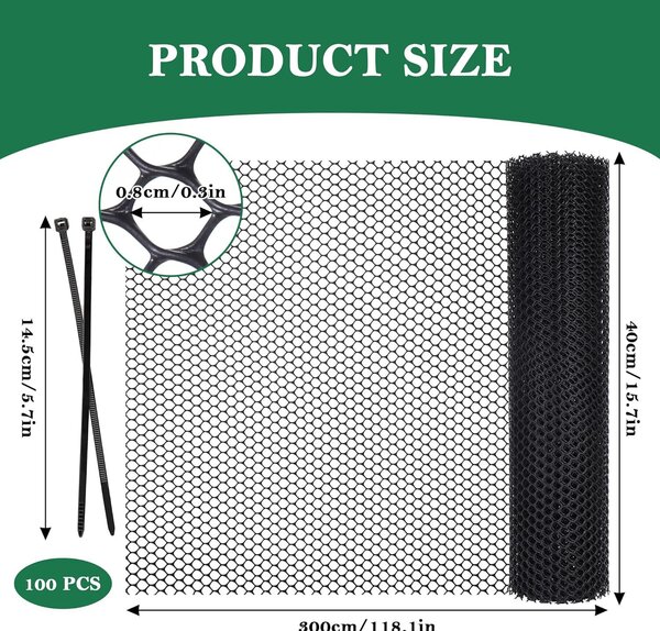 Plot pro slepčí výběh z plastové mříže, rozměry 3 m x 40 cm, včetně drátů pro upevnění. Vhodné pro ohraničení slepčího výběhu
