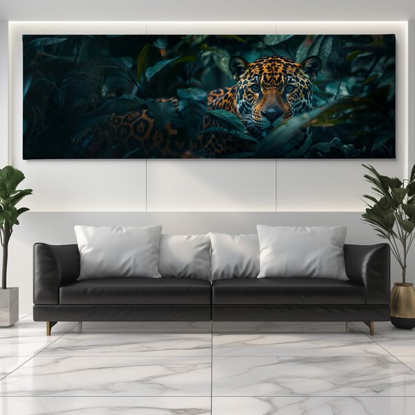 Obraz na plátně - Jaguár skrytý v temné džungli FeelHappy.cz Rozměr obrazu (Šířka x Výška): 120 x 40 cm