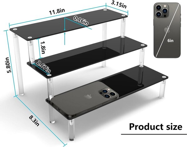 Akrylový stojan na stůl, černý, třívrstvý, tloušťka 4 mm, určený pro figurky a kosmetiku