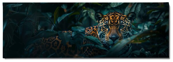 Obraz na plátně - Jaguár skrytý v temné džungli FeelHappy.cz Rozměr obrazu (Šířka x Výška): 120 x 40 cm
