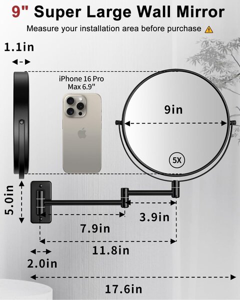 Kosmetické zrcadlo 9 palců, s 1x a 10x zvětšením, oboustranné, černé, vhodné pro líčení
