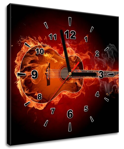 Obraz s hodinami Hořící kytara Rozměry: 30 x 30 cm