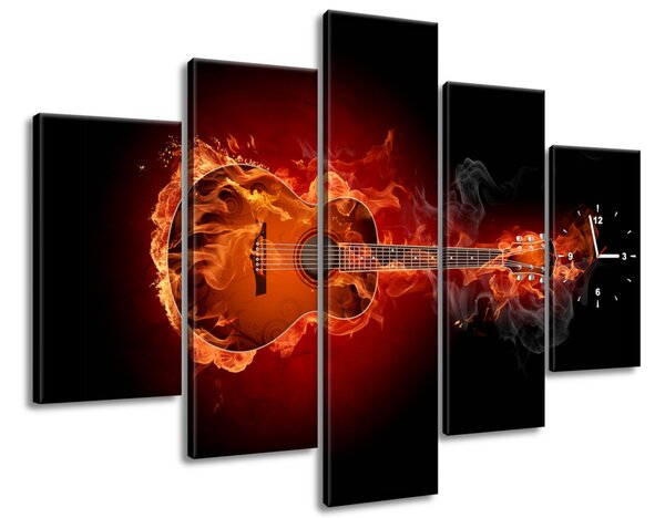 Obraz s hodinami Hořící kytara - 5 dílný Rozměry: 150 x 105 cm