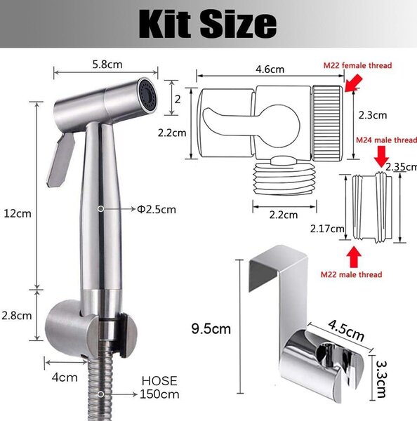 Ruční sprcha pro bidet s přívodem teplé vody, vyrobená z nerezové oceli, určená pro použití u toalety