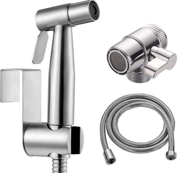 Ruční sprcha pro bidet s přívodem teplé vody, vyrobená z nerezové oceli, určená pro použití u toalety