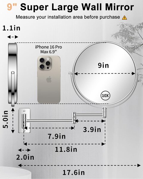 Kosmetické zrcadlo, 9 palců, s 1x a 10x zvětšením, chromové, s 360stupňovým otáčením, vhodné do koupelny