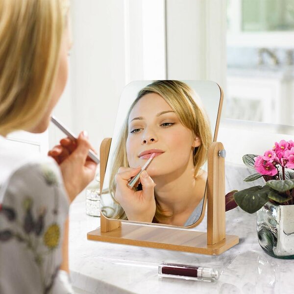 Zrcadlo na toaletní stolek, dřevěné, rozměry 22 x 17 cm, přenosné, vhodné jako zrcadlo na make-up, otočné o 360 stupňů