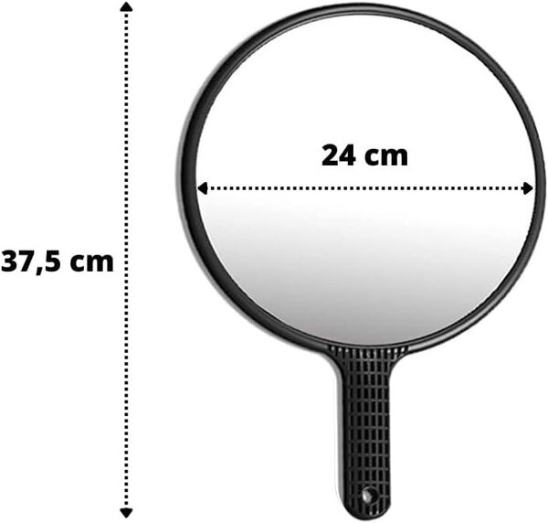 Kulaté zrcadlo s protiskluzovou rukojetí, průměr 20 cm, určené pro kadeřníky