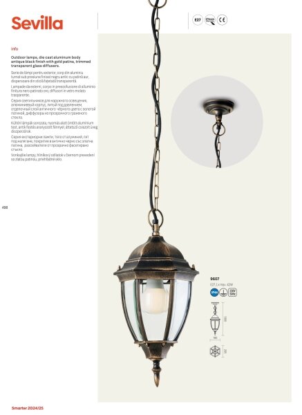 Redo 9604 - Venkovní nástěnná lampa SEVILLA 1xE27/42W/230V IP44 zlatá/patina