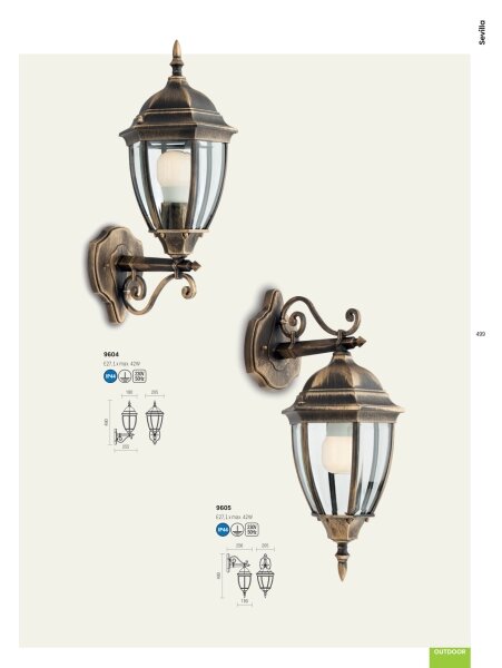 Redo 9604 - Venkovní nástěnná lampa SEVILLA 1xE27/42W/230V IP44 zlatá/patina